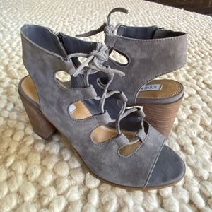 Grey Taupe Suede Lace Up Open Toe Sandal Heels